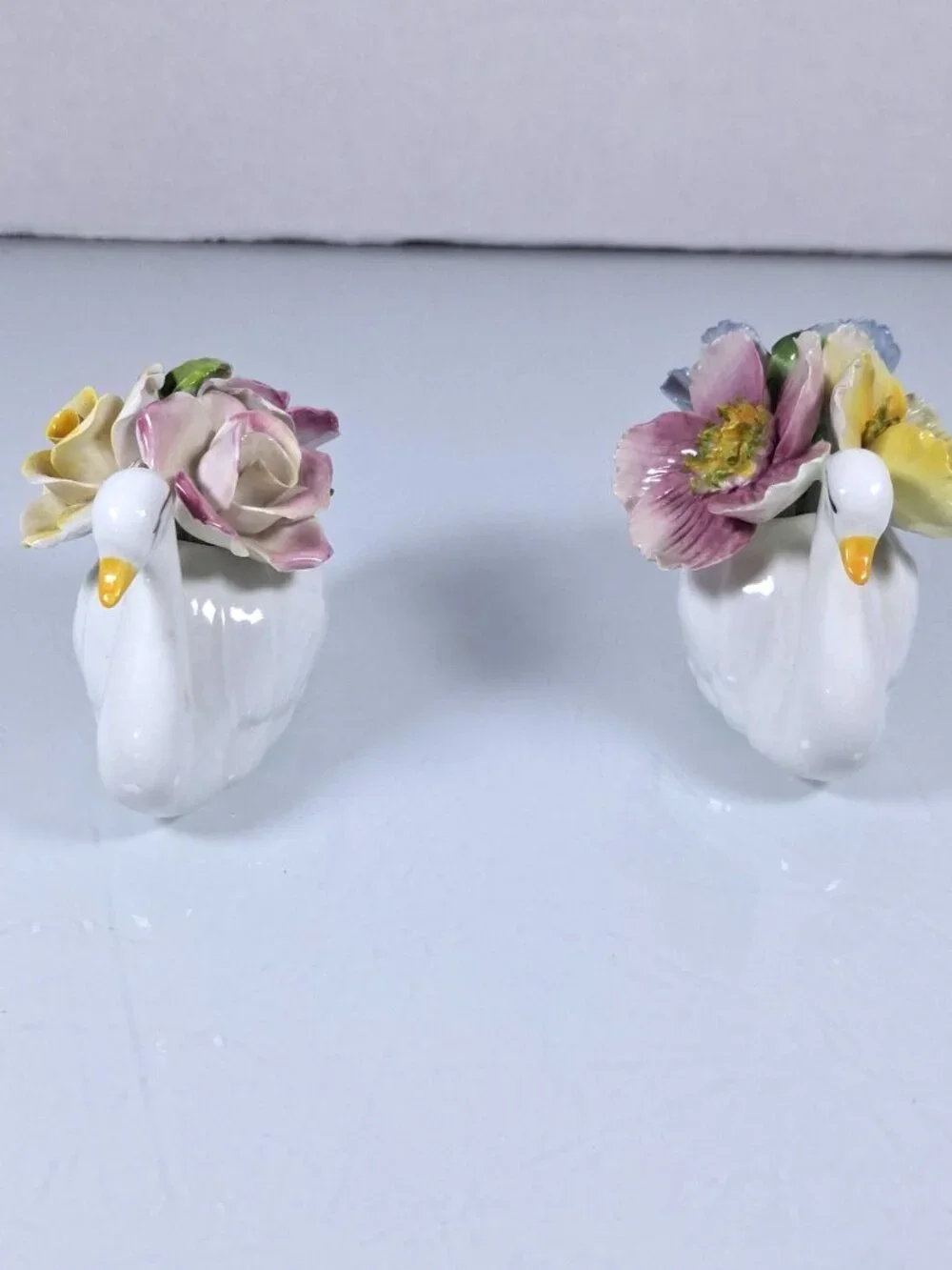 Vintage Jon Anton Fine Bone China Swan Figurines With Floral Bouquets